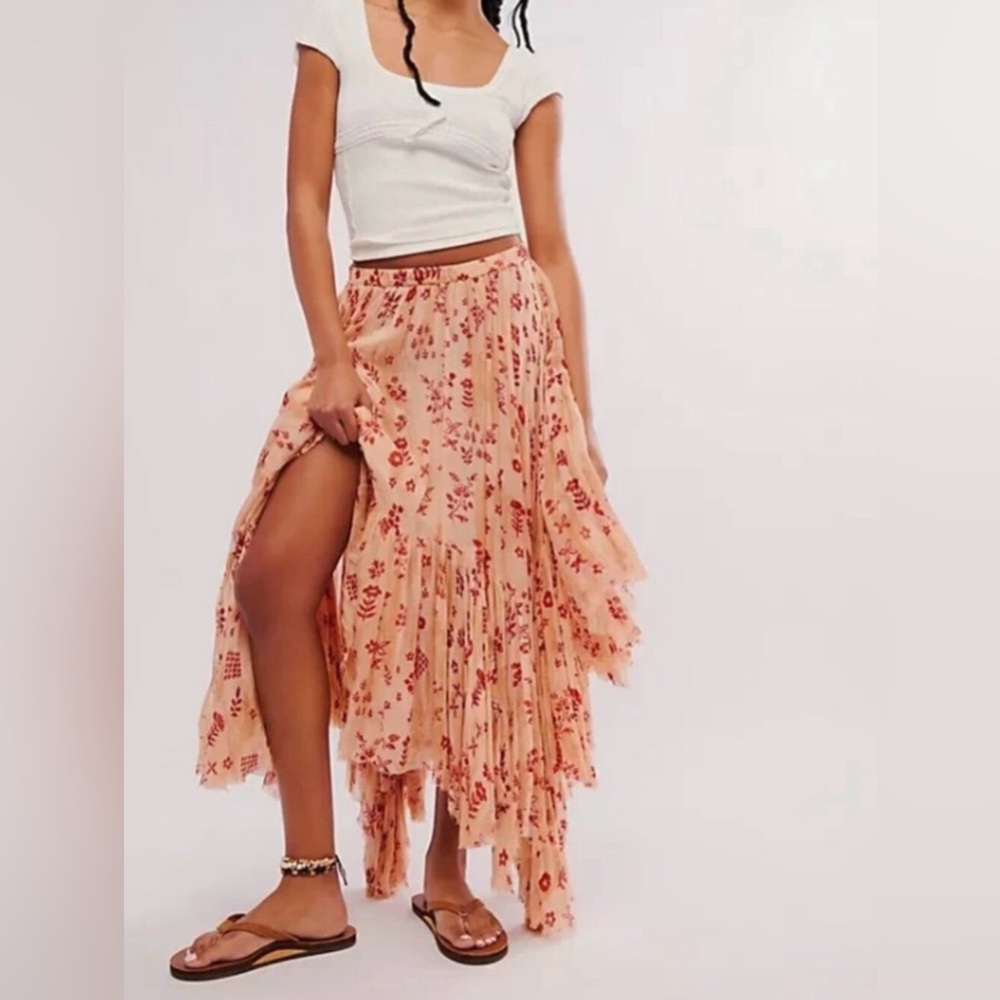 Free People FP One Clover Printed Asymmetrical Tiered Midi Skirt Size Small
